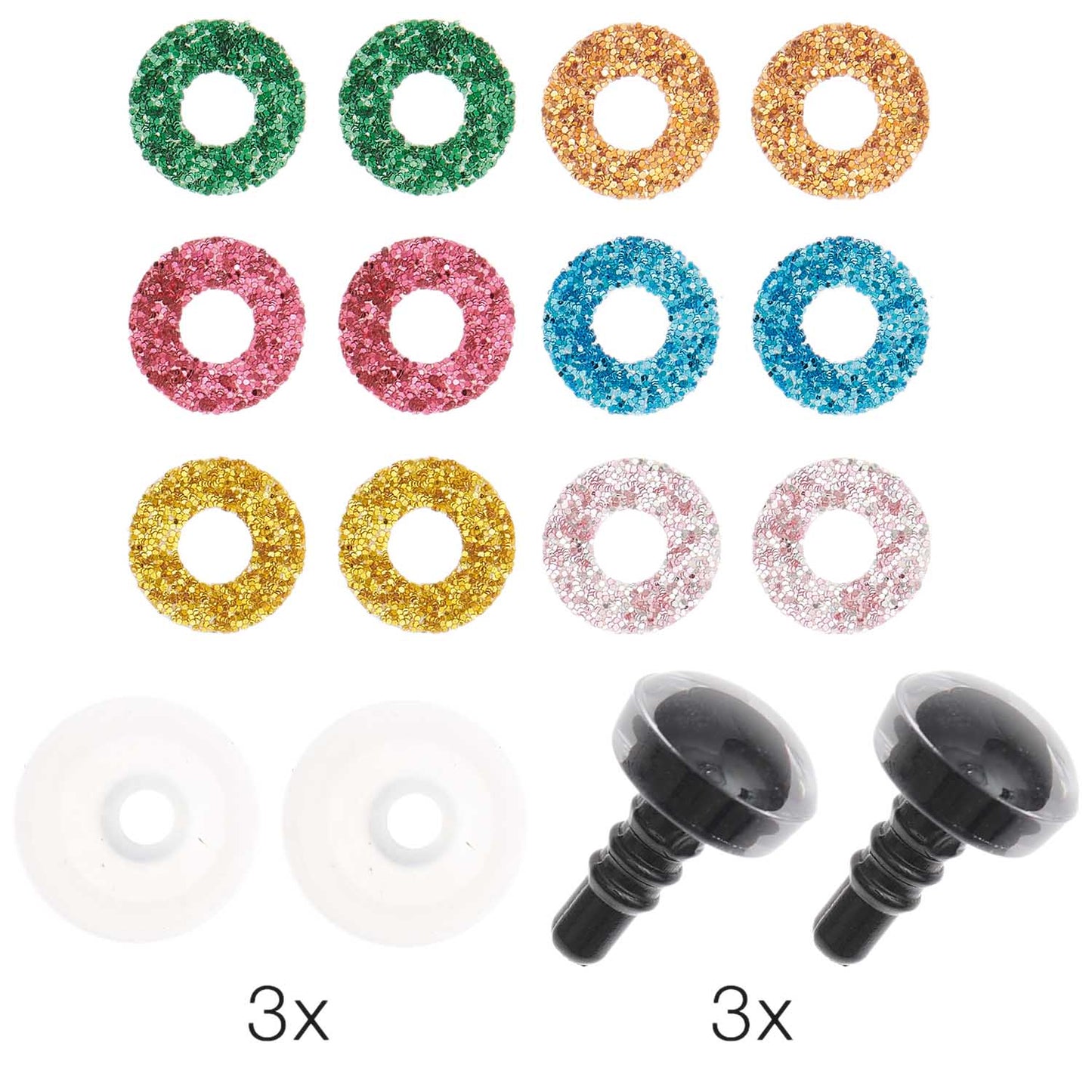 Sicherheitsaugen-Set mit Glitzerfarben für Kuscheltiere 6 Farben 3 Paar 9mm